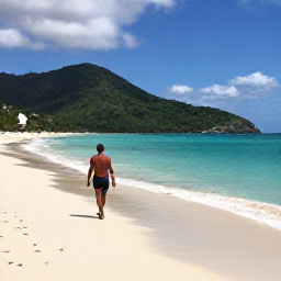 Caribbean Holidays, October Solo Holidays, A lone traveller walking along a quiet Caribbean beach on Saint Vincent in October, turquoise water and green hills in the background