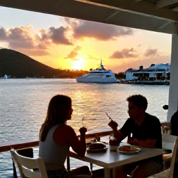 Caribbean Holidays, October Solo Holidays, A relaxed waterfront restaurant in the United States Virgin Islands at sunset, with a solo diner enjoying Caribbean food and harbour views