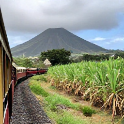 Caribbean Holidays, October Solo Holidays, A scenic railway journey beside the coast and green sugar cane fields on Saint Kitts, with volcanic hills in the background
