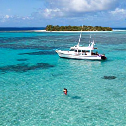 Caribbean Holidays, October Solo Holidays, A small boat approaching the Tobago Cays in the Grenadines, clear shallow water, coral reefs, sandy islands and a solo holidaymaker snorkelling