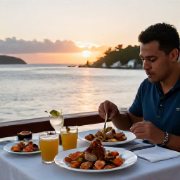 Caribbean Holidays, October Solo Holidays, A solo diner enjoying fresh Caribbean seafood at a relaxed waterfront restaurant in Saint Vincent during sunset