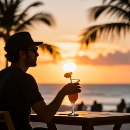 Caribbean Holidays, October Solo Holidays, A solo holidaymaker enjoying a sunset drink at a relaxed Caribbean beachfront caf&eacute; in Tobago, with warm evening light and palm silhouettes