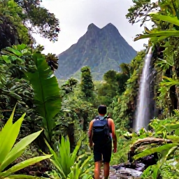 Caribbean Holidays, October Solo Holidays, A solo traveller hiking through tropical rainforest towards a waterfall on Saint Vincent, lush foliage and volcanic mountains