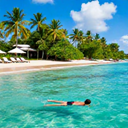 Caribbean Holidays, October Solo Holidays, A solo traveller swimming in clear turquoise water at a quiet Saint Kitts beach in October, with sun loungers and tropical greenery