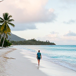 Caribbean Holidays, October Solo Holidays, A solo traveller walking along a quiet Caribbean beach in the United States Virgin Islands in October, with turquoise water, palm trees and soft morning light