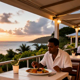 Caribbean Holidays, October Solo Holidays, A welcoming outdoor restaurant in Saint Kitts at sunset, with a solo diner enjoying local Caribbean food and soft evening light