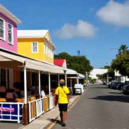 Caribbean Holidays, October Solo Holidays, Colourful street and waterfront in Marigot, Saint Martin, with caf&eacute;s, market stalls and a solo traveller exploring in October