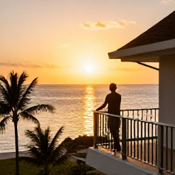 Caribbean Holidays, October Solo Holidays, Comfortable Caribbean resort at sunset with a solo traveller on a balcony, palm trees and calm sea