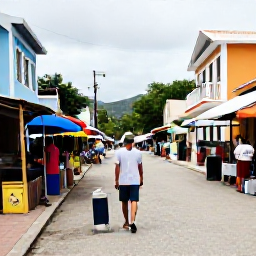 Caribbean Holidays, October Solo Holidays, Friendly solo traveller exploring a colourful Caribbean town, local market, painted buildings and welcoming residents