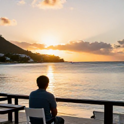 Caribbean Holidays, October Solo Holidays, Golden sunset over a Caribbean bay on Saint Martin and Sint Maarten, with a solo traveller watching from a beach restaurant