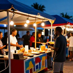 Caribbean Holidays, October Solo Holidays, Solo traveller enjoying Caribbean culture at an evening food market, colourful stalls, live music and warm lights