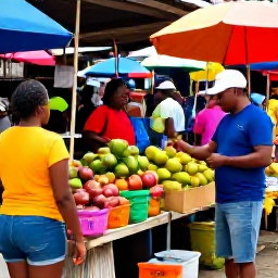 Caribbean Holidays, October Solo Holidays, Solo traveller exploring a lively Trinidad street market in October, surrounded by colourful stalls, tropical fruit and friendly local vendors