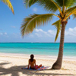 Caribbean Holidays, October Solo Holidays, Solo traveller relaxing on a quiet Caribbean beach in October, turquoise sea, palm trees and warm sunlight