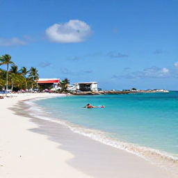 Caribbean Holidays, October Solo Holidays, Solo traveller swimming from a peaceful sandy beach at Orient Bay, Saint Martin, with bright turquoise water and palm trees