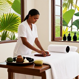 Caribbean Holidays, October Spa Breaks, A Caribbean spa therapist preparing a calm treatment room with natural materials, soft towels and views of tropical gardens