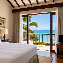 Caribbean Holidays, October Spa Breaks, A comfortable Caribbean spa resort room with an open balcony, crisp white bedding and a view of palm trees and the sea