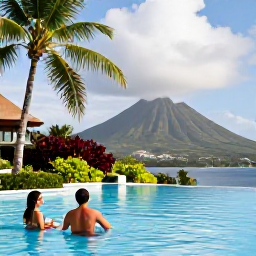 Caribbean Holidays, October Spa Breaks, A couple relaxing beside a palm-fringed infinity pool in Saint Kitts, with tropical gardens and a distant volcanic mountain