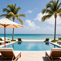 Caribbean Holidays, October Spa Breaks, A peaceful Caribbean spa resort overlooking a turquoise sea in October, with palm trees, sun loungers and a calm swimming pool