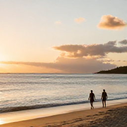 Caribbean Holidays, October Spa Breaks, A quiet Caribbean beach at sunset in October, with soft golden light, calm water and a couple walking along the shoreline