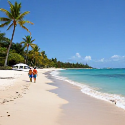 Caribbean Holidays, October Spa Breaks, A quiet Caribbean beach in October on Saint Kitts and Nevis, with soft sand, turquoise water, palm trees and a relaxed couple walking along the shore