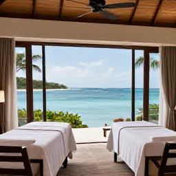 Caribbean Holidays, October Spa Breaks, A tranquil luxury spa overlooking the Caribbean Sea on Saint Kitts, with treatment rooms, palm trees and calm blue water