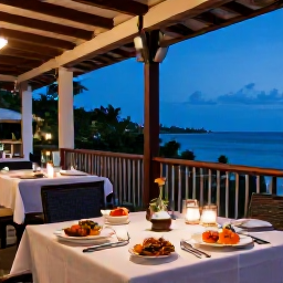 Caribbean Holidays, October Spa Breaks, An elegant Caribbean resort restaurant serving healthy colourful food beside a candlelit terrace at dusk