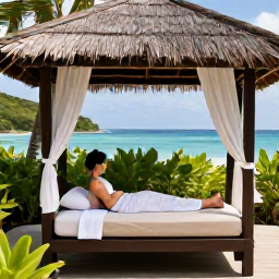 Caribbean Holidays, October Spa Breaks, An outdoor Caribbean spa treatment beneath a shaded cabana, surrounded by tropical greenery and views of the sea
