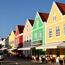 Caribbean Holidays, October Spa Breaks, Colourful Willemstad street in Cura&ccedil;ao with pastel buildings, outdoor caf&eacute; tables and visitors exploring in warm October sunshine