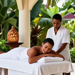 Caribbean Holidays, October Spa Breaks, Couple enjoying a peaceful spa treatment and tropical garden setting in Tobago, with soft towels and natural Caribbean decor