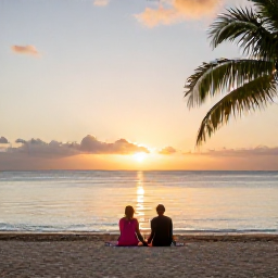 Caribbean Holidays, October Spa Breaks, Couple enjoying a quiet beach at sunset on Saint Martin, with calm water, soft sand and palm trees