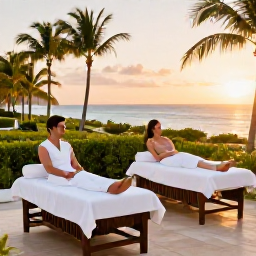 Caribbean Holidays, October Spa Breaks, Couple relaxing at a Cura&ccedil;ao resort terrace at sunset after a spa treatment, with tropical gardens and Caribbean sea views