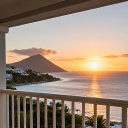Caribbean Holidays, October Spa Breaks, Elegant Caribbean resort balcony overlooking the sea at sunset on Saint Martin and Sint Maarten