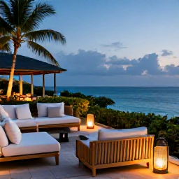 Caribbean Holidays, October Spa Breaks, Elegant Jamaican resort terrace prepared for a relaxed October evening, with comfortable seating, lanterns and views towards the sea