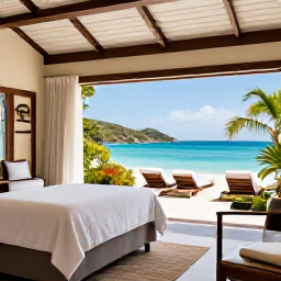Caribbean Holidays, October Spa Breaks, Elegant Saint Barth&eacute;lemy spa overlooking a turquoise bay, featuring a treatment room, white loungers and tropical plants