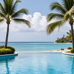 Caribbean Holidays, October Spa Breaks, Elegant spa resort in Tobago surrounded by palms, a calm swimming pool, and a peaceful Caribbean atmosphere