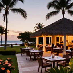 Caribbean Holidays, October Spa Breaks, Friendly Dominican Republic resort setting with tropical gardens, outdoor dining and guests enjoying a calm October evening