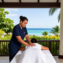 Caribbean Holidays, October Spa Breaks, Jamaican spa therapist giving a calm massage in an open-air treatment room overlooking lush greenery and the Caribbean Sea