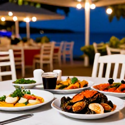 Caribbean Holidays, October Spa Breaks, Outdoor table at a friendly Caribbean restaurant in Marigot, showing fresh seafood, colourful dishes and a relaxed evening setting