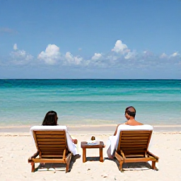 Caribbean Holidays, October Spa Breaks, Quiet Cura&ccedil;ao beach in October with sun loungers, calm turquoise water, white sand and a couple enjoying a peaceful spa holiday