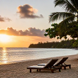Caribbean Holidays, October Spa Breaks, Quiet Jamaican beach at sunset with two comfortable loungers, calm Caribbean water and tropical foliage