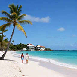 Caribbean Holidays, October Spa Breaks, Quiet October beach on Saint Barth&eacute;lemy with turquoise water, pale sand, palm trees and a relaxed couple walking beside the sea