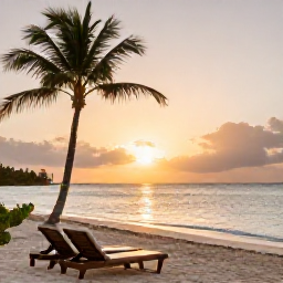 Caribbean Holidays, October Spa Breaks, Quiet white-sand beach in Punta Cana at sunset, with two sun loungers, palm trees and calm Caribbean water