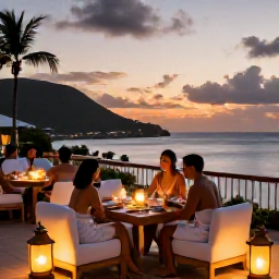 Caribbean Holidays, October Spa Breaks, Stylish Saint Barth&eacute;lemy hotel terrace at sunset with spa guests enjoying a quiet dinner, warm lantern light and a Caribbean harbour view