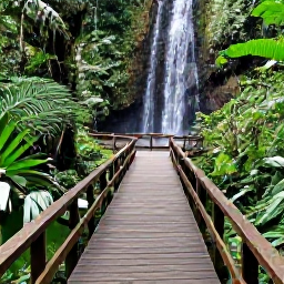 Caribbean Holidays, October Spa Breaks, Tropical rainforest wellness retreat near a waterfall in Trinidad, with lush foliage, wooden walkways and a calm natural setting