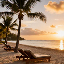 Caribbean Holidays, October Spa Breaks, Warm Caribbean sunset over a Tobago beach beside a stylish resort, with lounge chairs, palms and calm golden light
