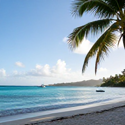 Caribbean Holidays, October Tours, A sunny October morning on a Caribbean beach in the United States Virgin Islands, with turquoise water, palm trees and a small boat offshore