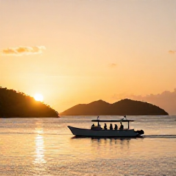 Caribbean Holidays, October Tours, Travellers enjoying a calm sunset boat trip between the United States Virgin Islands, with golden light on the water and distant green islands