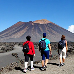 Caribbean Holidays, October Walking, Guided walkers exploring the volcanic landscape near Soufriere Hills in Montserrat under a clear tropical sky