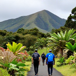 Caribbean Holidays, October Walking, Hikers walking along a lush Montserrat trail in October, with volcanic hills and tropical vegetation