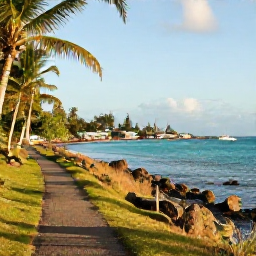 Caribbean Holidays, October Walking Holidays, A coastal walking path beside a turquoise Caribbean bay in Tobago, with palms, warm sunlight and a small fishing village in the distance